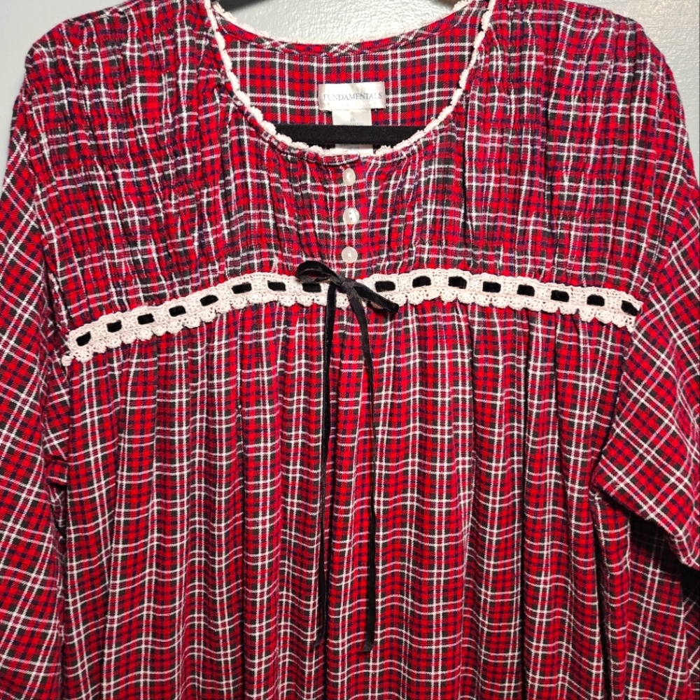 Women's Vintage Sears Roebuck Red Flannel Plaid Nightgown Velvet Lace Grannycore